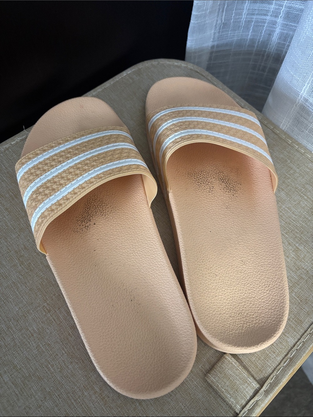 adidas Peach Slide Sandals with White Stripes